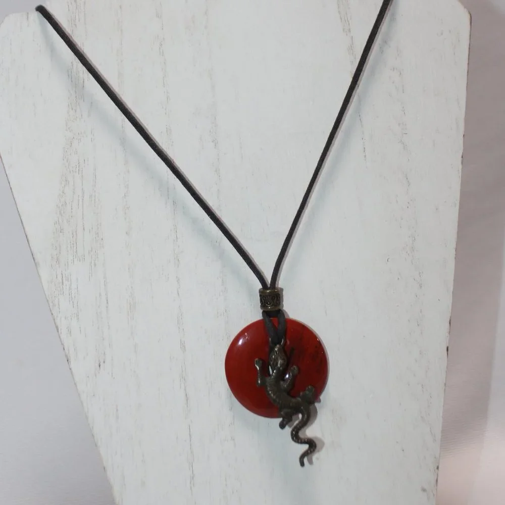 Unisex Red Jasper Gemstone Leather Cord Pendent 30
